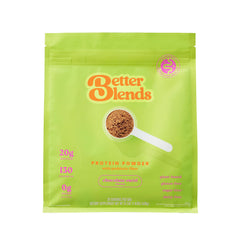 Better Blends chocolate swirl protein powder jar on countertop, low FODMAP formula for sensitive tummies.