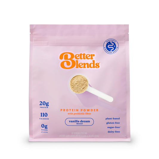 Better Blends Vanilla Dream protein powder tub promotes gut-friendly nutrition for balanced meals