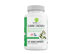 Better Health Quinine Cinchona Bark capsules on a bottle; supports digestion and immunity.