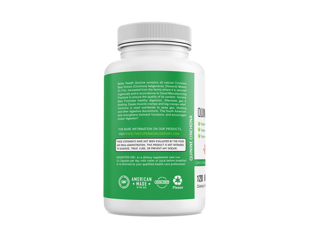 Better Health Quinine Cinchona Bark capsule closeup shows natural formula.