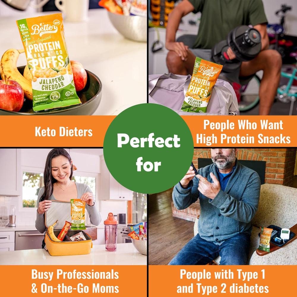 Gluten-free label visible on Better Than Good keto protein puffs package.