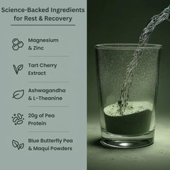 Close-up of Better Tomorrow protein powder scoop highlighting plant-based protein for evening recovery