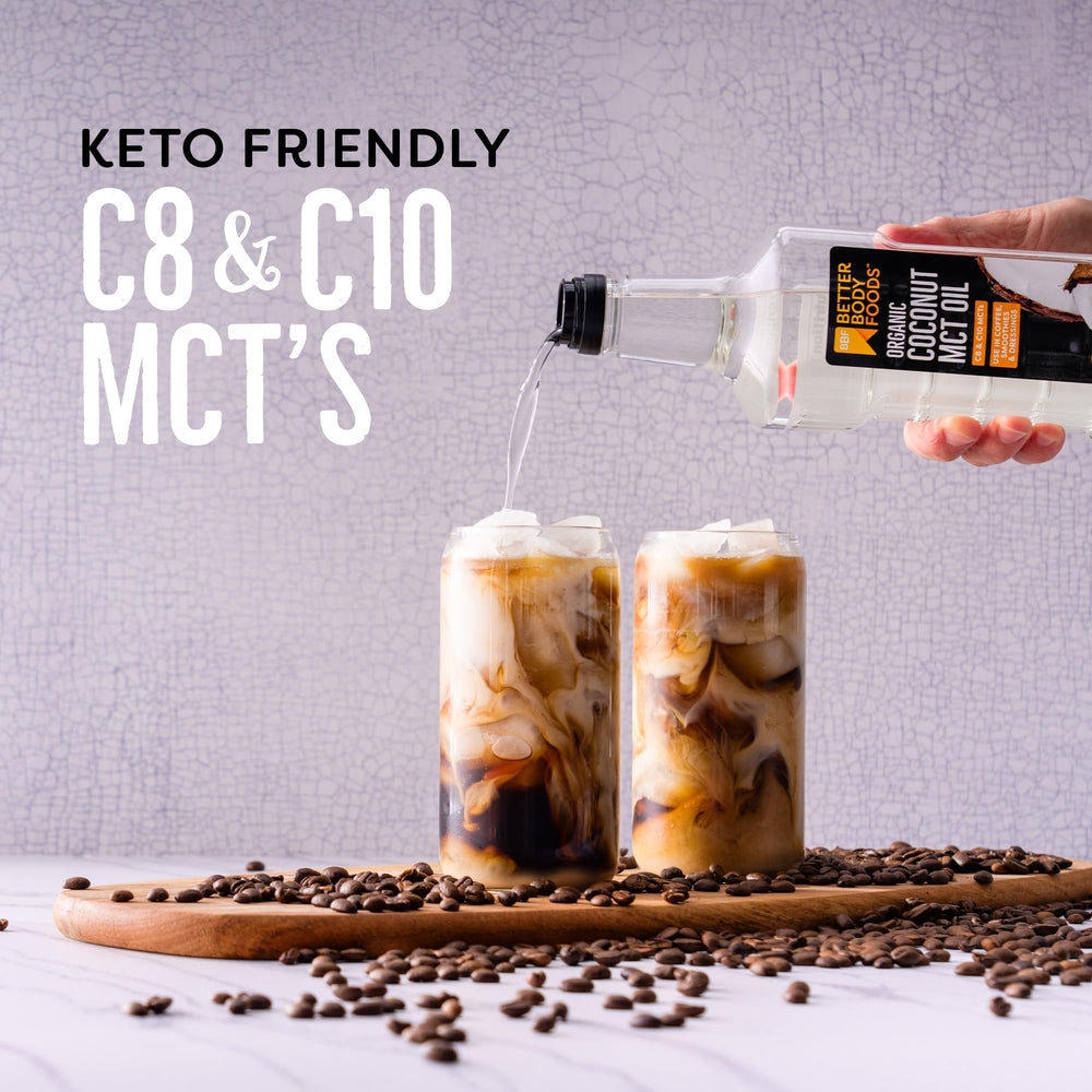 BetterBody Foods MCT oil liquid state image emphasizes no solidification at room temperature.