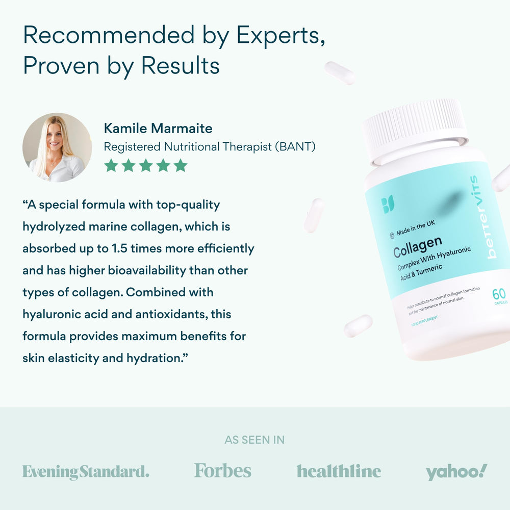 Bettervits Collagen Peptides Complex bottle with scoop emphasizes hydration and skin elasticity.