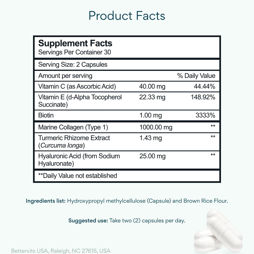 Bettervits Collagen Peptides Complex ingredients close-up highlights hyaluronic acid and vitamin C benefits.