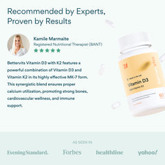 Bettervits D3 K2 vegan capsules, vegetarian-friendly supplement for bone and immune wellness.