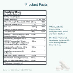 Bettervits menopause bottle closeup highlighting ashwagandha for calm mood.