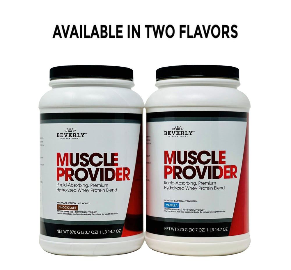 Be Beverly International Muscle Provider Vanilla label close-up emphasizes ingredient quality