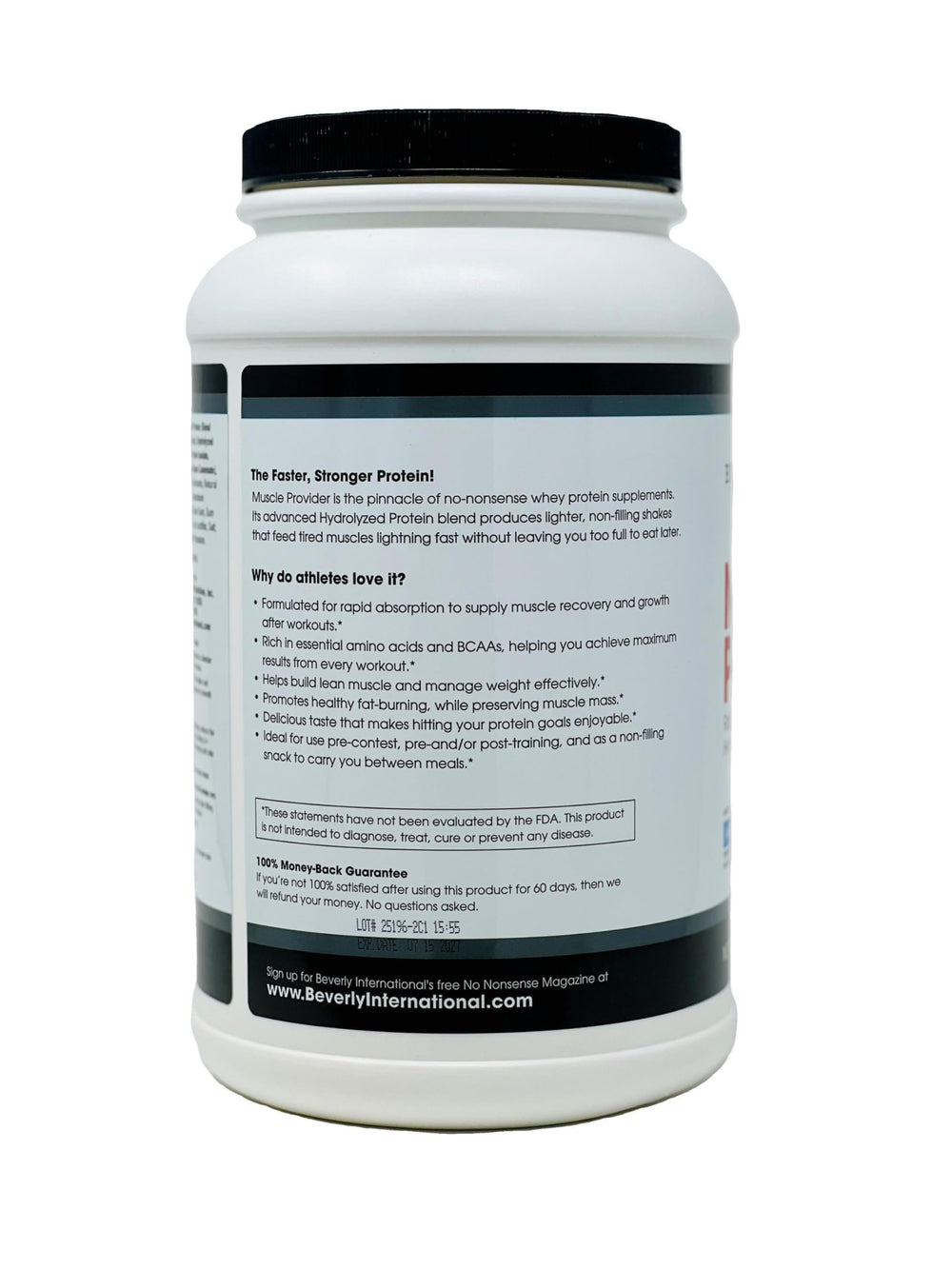 Be Beverly International Muscle Provider Vanilla tub shows high-potency whey blend