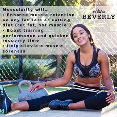 Nutrition label view on Beverly Muscularity bottle emphasizes clean ingredients and metabolic support.