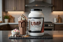 UMP Rocky Road nutrition label close-up highlights low carbs and nearly lactose-free formula.