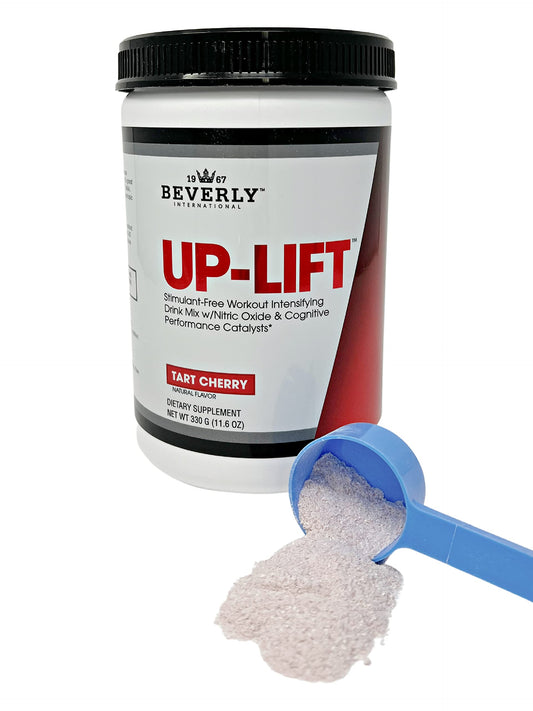 Beverly International Up-Lift bottle closeup showing stimulant-free energy for workouts.
