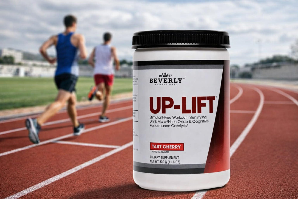 Beverly International Up-Lift glass with drink illustrating focus and energy benefits.