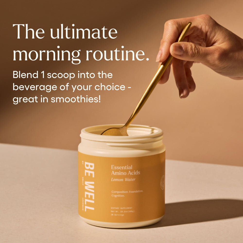 Be Well by Kelly amino acids scoop showing serving size for clean energy