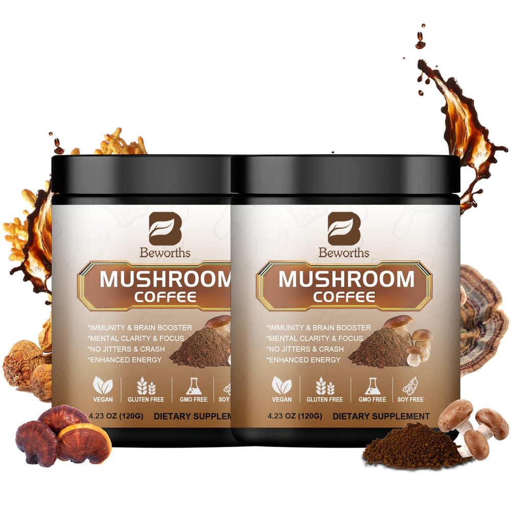 Beworths mushroom coffee bag packaging highlighting the 10-mushroom blend for daily energy