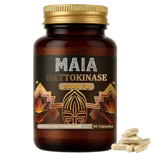 Bexelora Maia nattokinase bottle front with capsules signaling circulatory support