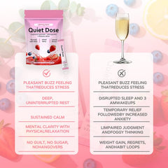 Shelf display featuring Quiet Dose calm powder benefits in the lineup