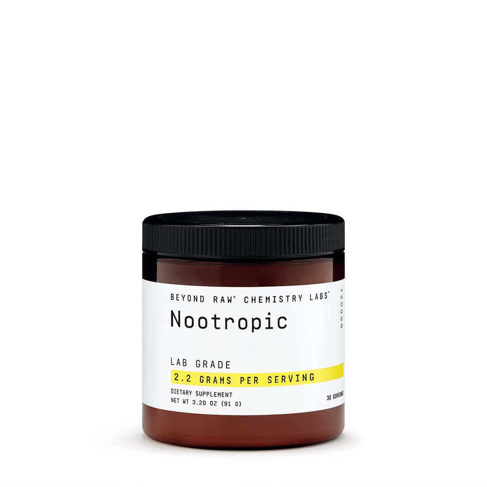 BEYOND RAW Chemistry Labs bottle shown, ready to mix for a customizable nootropic routine.