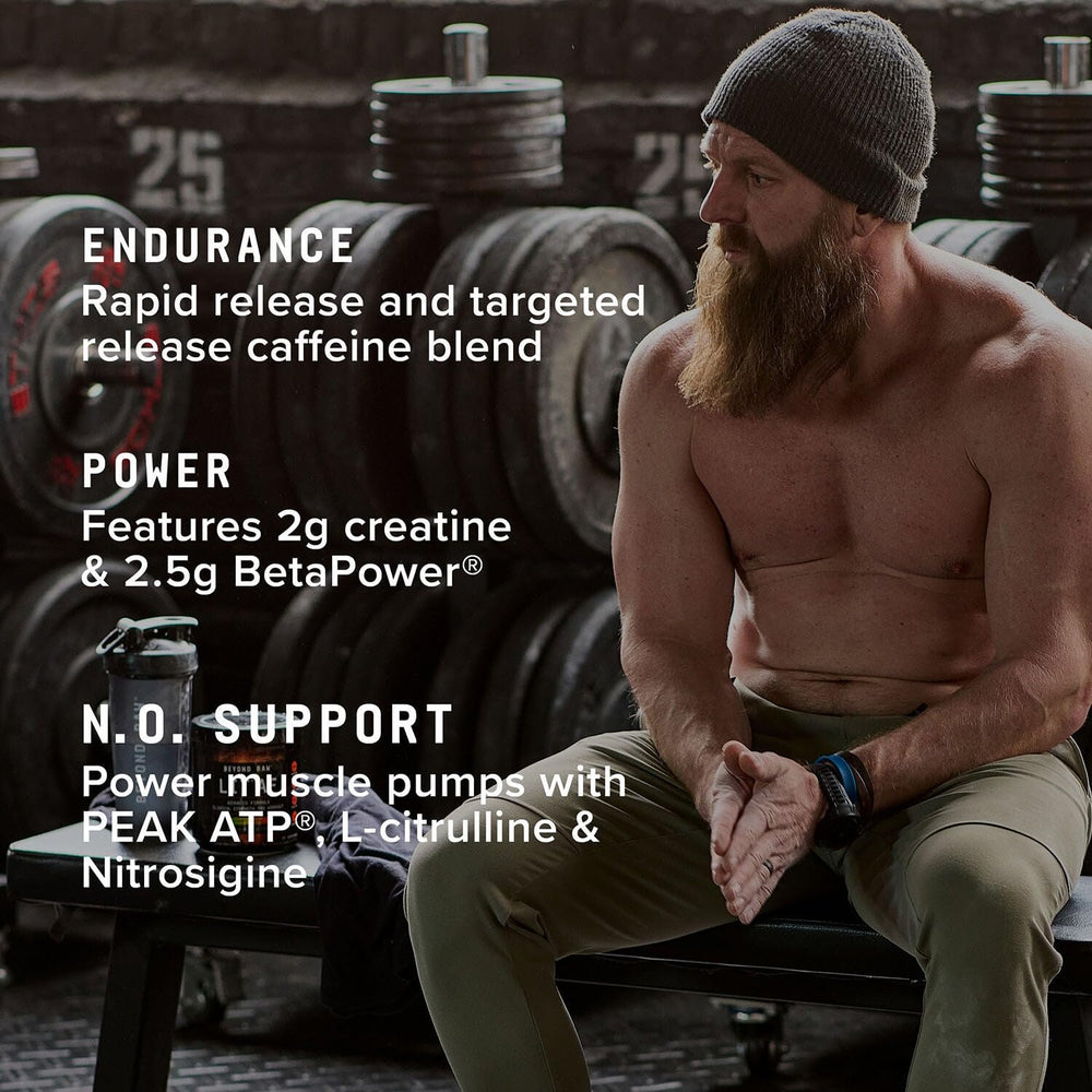 BEYOND RAW LIT AF pre-workout scene hints at strong pumps and energy.