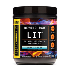 BEYOND RAW LIT V2 canister shown for premium energy and focus during workouts