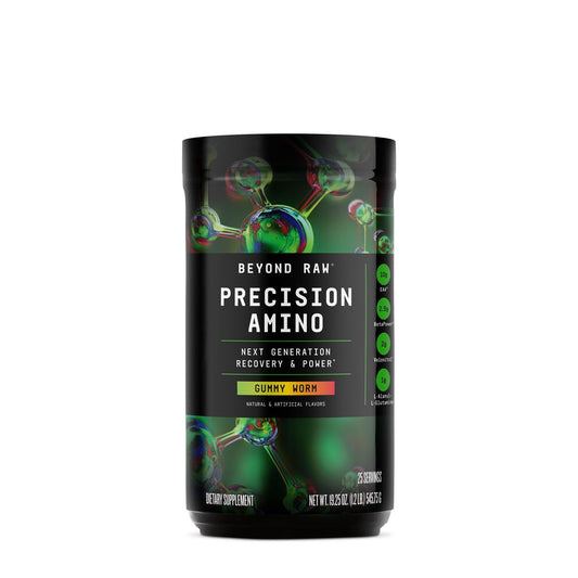 BEYOND RAW Precision Amino bottle front displays recovery and power amino acids.