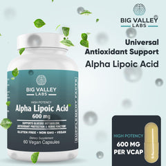 Big Valley Labs Alpha-Lipoic Acid 600 mg label showing product details and purity