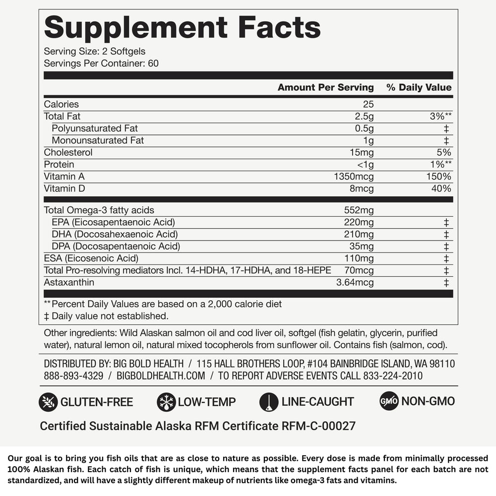 MSC and RFM certified sustainable fishing label on BIG BOLD HEALTH product