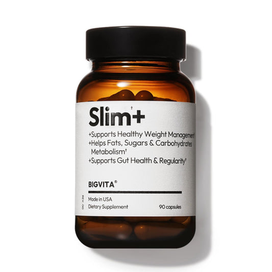 BIGVITA Slim+ bottle on a clean counter signaling convenient daily metabolism support.