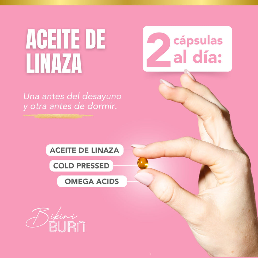 Bikini Burn flax seed oil label close-up highlighting 100% natural promise.