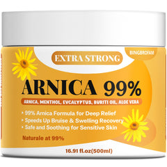 Bingbrofam Arnica Cream jar with 16.9 oz size for bruise relief and recovery.
