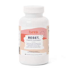 Binto Reset synbiotic bottle front with label promoting gut balance.