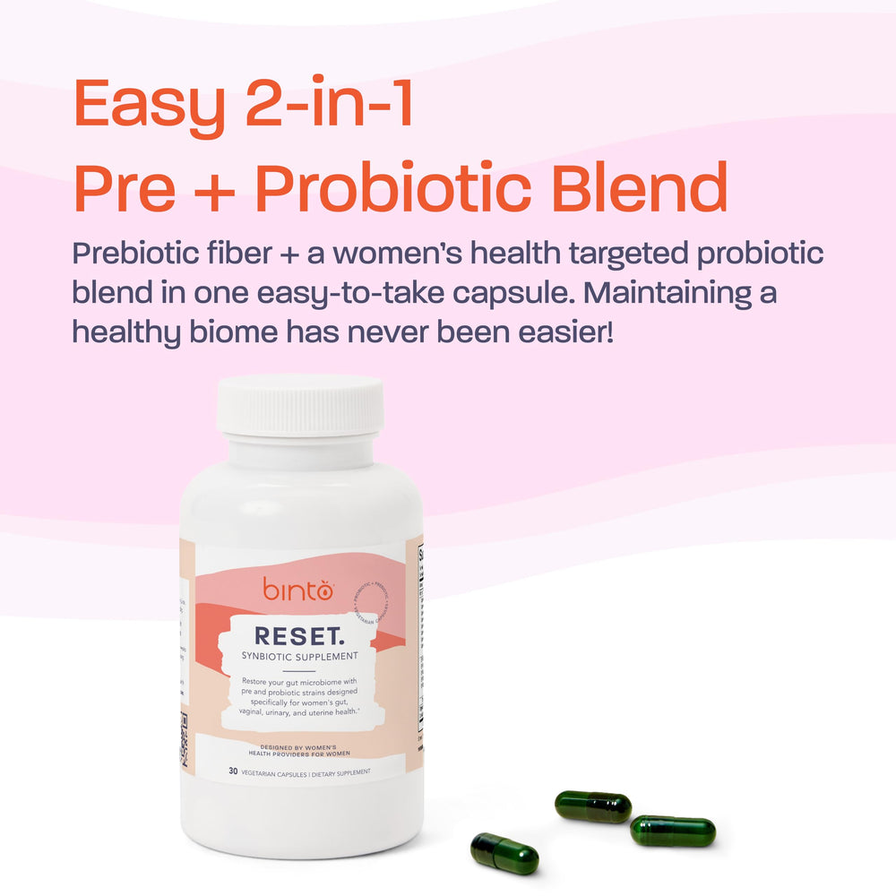 Binto Reset synbiotic packaging highlights science-backed formulation.