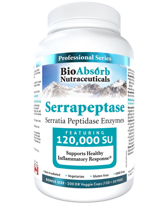 Bio Absorb Serrapeptase bottle close-up, highlighting high potency enzyme.