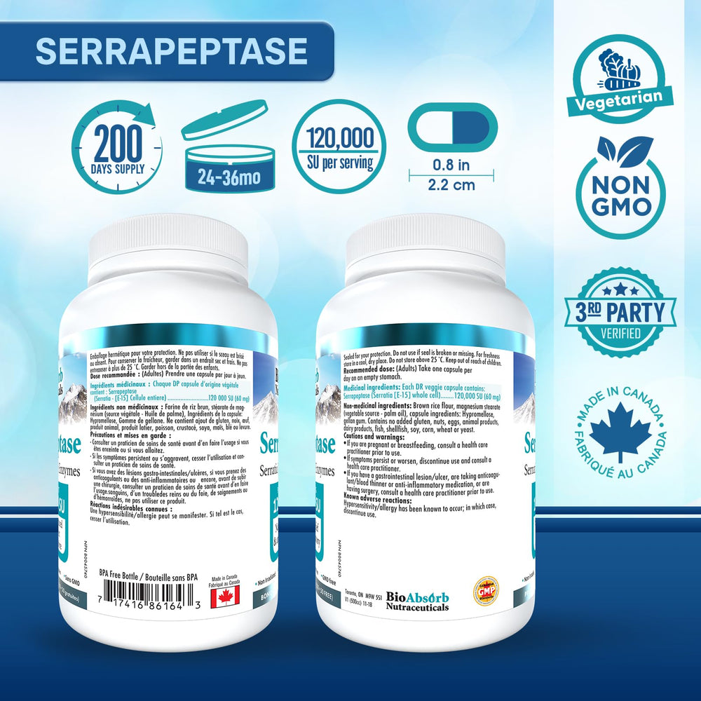 Bio Absorb Serrapeptase bottle pouring capsules for easy daily dosing.