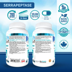 Bio Absorb Serrapeptase bottle pouring capsules for easy daily dosing.