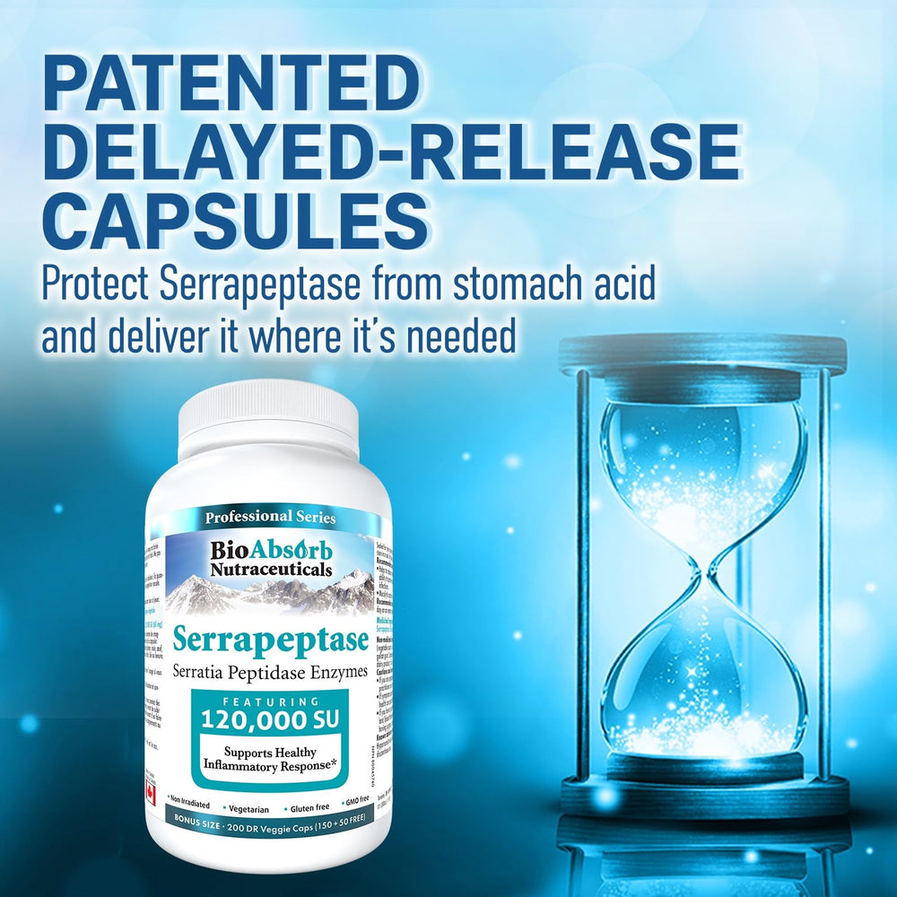 Bio Absorb Serrapeptase capsules show 120000 SPU strength.