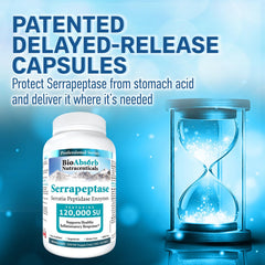 Bio Absorb Serrapeptase capsules show 120000 SPU strength.