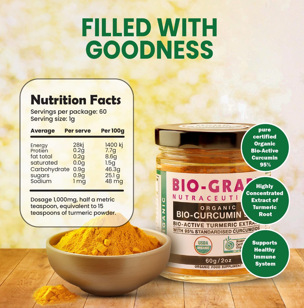 BIO-GRAPE 95% curcuminoids powder with a compact scoop for easy dosing.