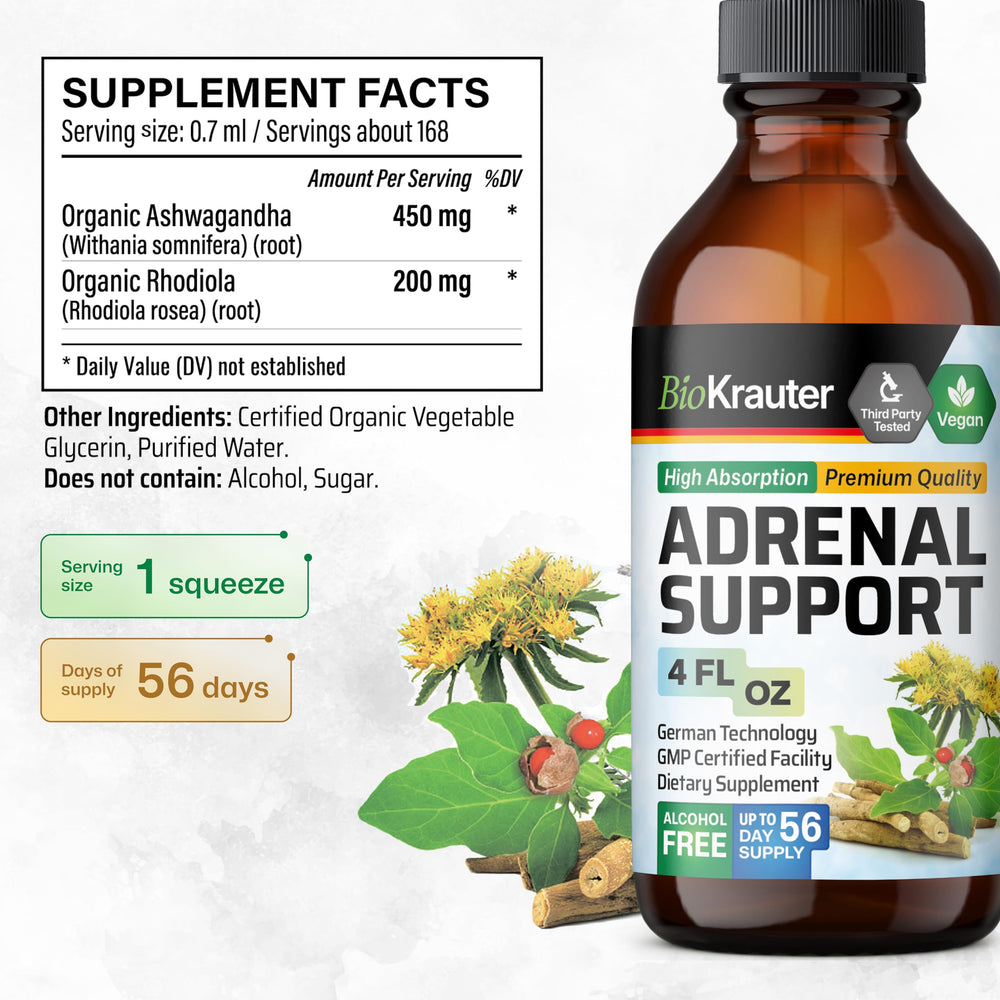 BIO KRAUTER ashwagandha rhodiola tincture glass highlighting herbal blend.