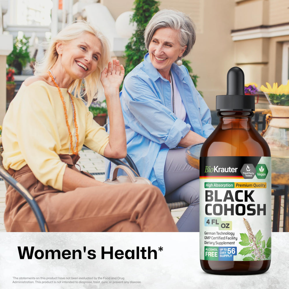 BIO KRAUTER black cohosh root close-up highlighting plant-based menopause support potential.