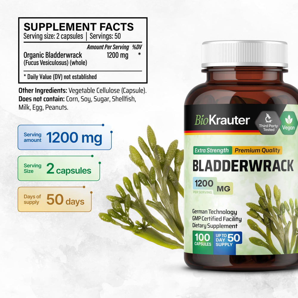 BIO KRAUTER bladderwrack powder capsules close up highlighting vegan formula
