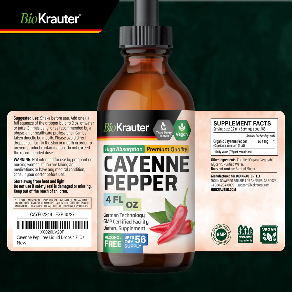 BIO KRAUTER Cayenne Drops packaging indicates a 56-day supply.