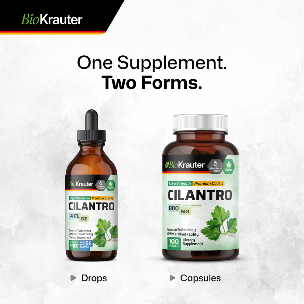 BIO KRAUTER Cilantro Capsules with water, easy daily intake.
