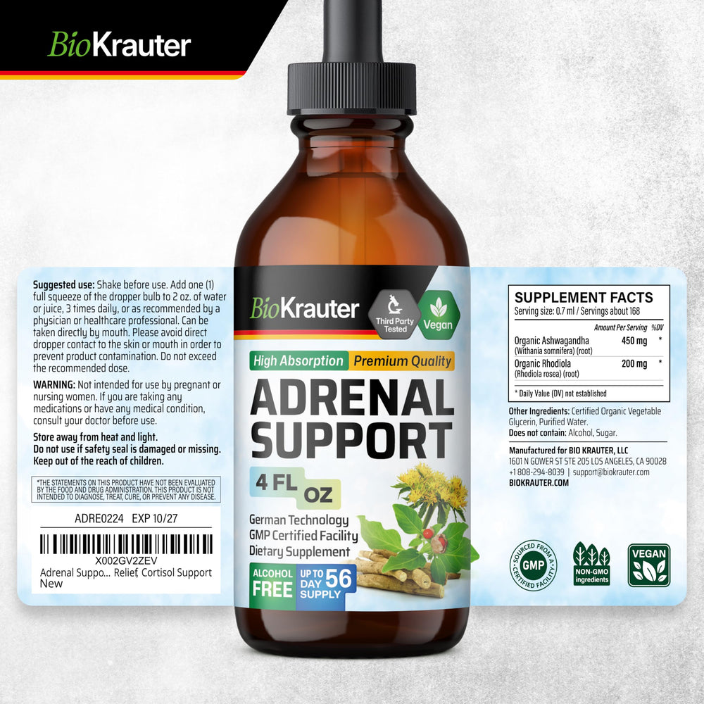 BIO KRAUTER Adrenal tincture close-up label highlighting four-ingredient formula.