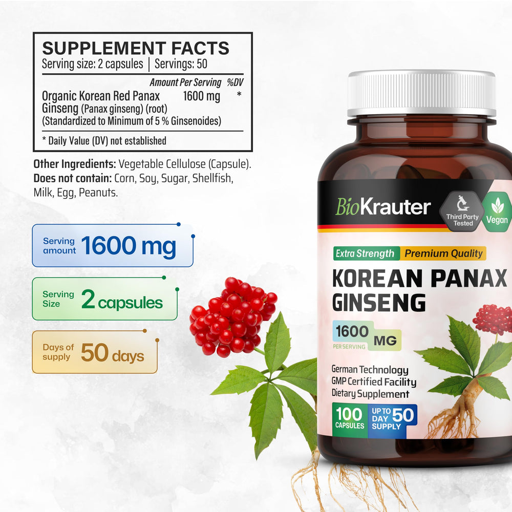 BIO KRAUTER ginseng roots highlight natural extract used in capsules.