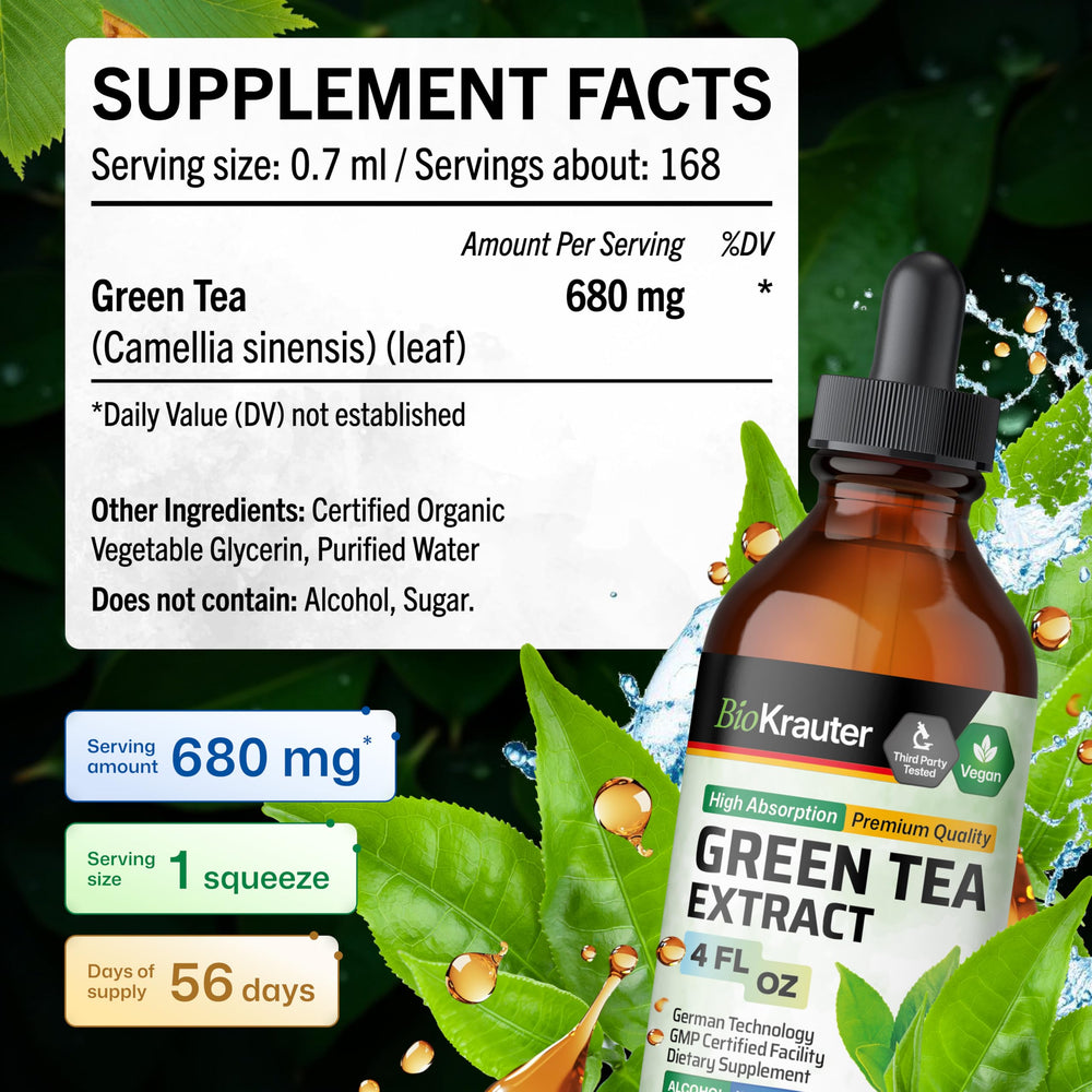 BIO KRAUTER Green Tea Extract being added to water for quick consumption.