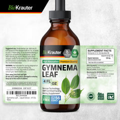 Glass of water next to BIO KRAUTER Gymnema Sylvestre for mixing