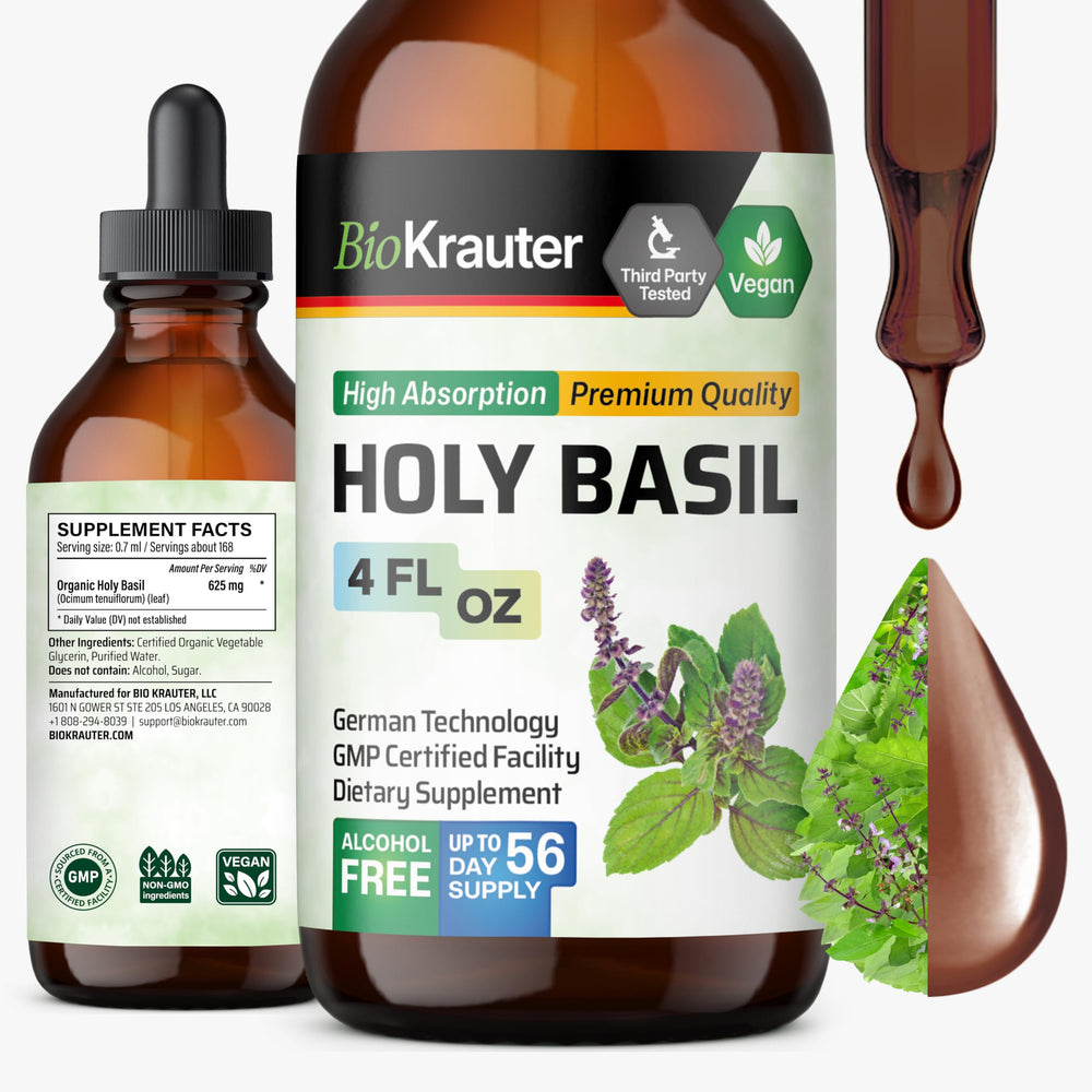 BIO KRAUTER Holy Basil tincture bottle shows vegan, alcohol-free formula for daily calm