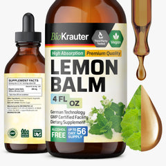 BIO KRAUTER Lemon Balm Tincture bottle on the counter, highlighting calm and digestion.