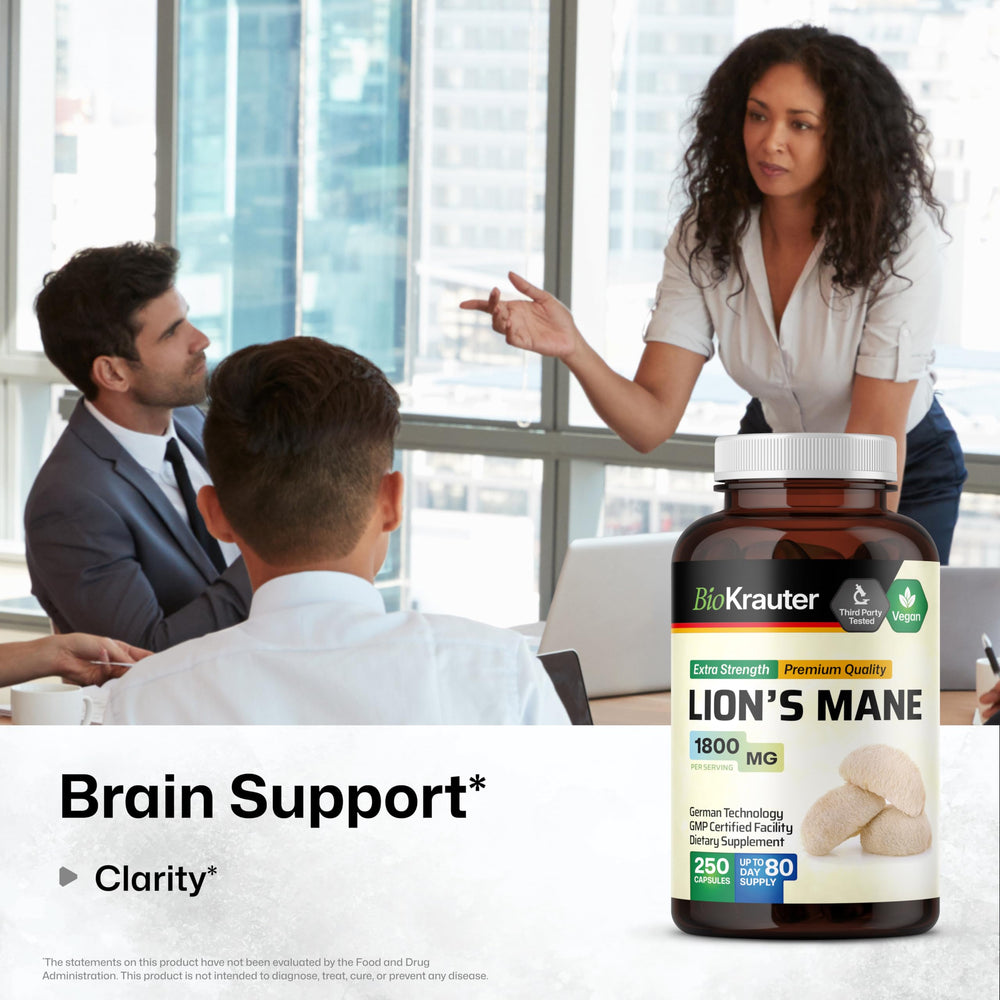 BIO KRAUTER Lions Mane capsules closeup highlighting vegan, non-GMO formula.